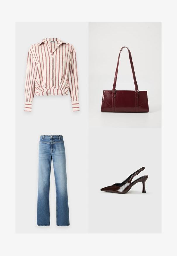 Blusa blanca de manga larga con botones, con rayas verticales rojas y un detalle anudado en la parte delantera, cuello y mangas con puños.; Vaqueros de mezclilla azul claro con cintura alta, diseño de pierna recta, lavado desgastado y estilo clásico de cinco bolsillos. Terminado con un cierre de botón.; Zapatos de tacón slingback de charol marrón con punta afilada, tacón delgado y correa ajustable con una pequeña hebilla.; Bolso burdeos hecho de material brillante, de forma rectangular, con dos asas para el hombro y sutiles acentos curvados en la parte frontal.