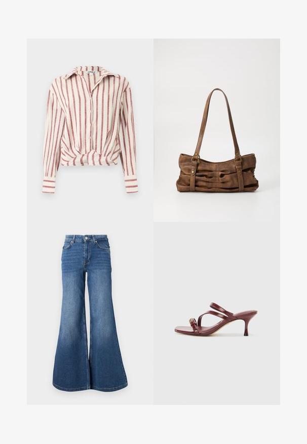 Blusa blanca de manga larga con botones, con rayas verticales rojas y un detalle anudado en la parte delantera, cuello y mangas con puños.; Vaqueros de denim azul acampanados con un acabado desgastado, diseño de cinco bolsillos y cierre de botón metálico en la cintura.; Sandalias de tacón alto de charol burdeos con puntera cuadrada, dos correas delgadas y una hebilla decorativa dorada en el lateral.; Even&Odd Bolso de mano - brown