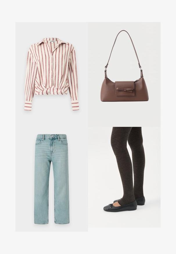 Blusa blanca de manga larga con botones, con rayas verticales rojas y un detalle anudado en la parte delantera, cuello y mangas con puños.; Jeans de corte ancho en azul claro, confeccionados en denim, con un diseño clásico de cinco bolsillos, líneas limpias y una cinturilla regular con cierre de botón.; Piernas con leggings oscuros acanalados combinados con bailarinas negras que presentan pequeños detalles de lazo sobre un fondo blanco.; Bolso bandolera de cuero marrón con un bolsillo frontal de solapa que presenta un detalle de moño cosido y una correa ajustable.