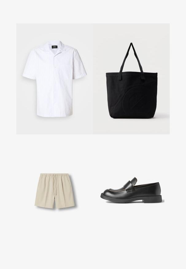 Chemise à manches courtes blanche avec des rayures verticales bleu clair, dotée d'un col pointu et d'une poche poitrine.; Short beige décontracté avec taille élastique et cordon, face avant avec poches latérales, posé à plat sur fond blanc.; CAMPERLAB MIL-1978 - Chaussons - schwarz; Sac fourre-tout en toile noire avec deux bandoulières et un motif circulaire discret en relief sur le devant.