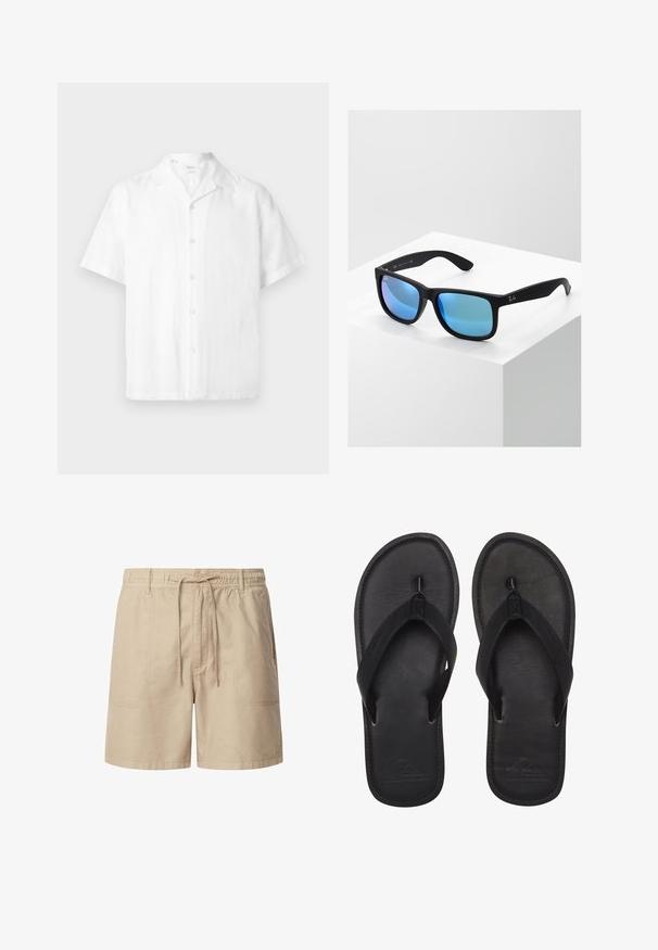 Wit overhemd met korte mouwen en knopen, met een campkraag, gemaakt van lichtgewicht stof, getoond tegen een effen achtergrond.; Beige katoenen shorts met een elastische tailleband en trekkoord, voorzien van twee voorzakken en contrasterende stiksels.; Zwarte flip-flops gemaakt van glad materiaal, met een tanga-stijl band, een gestructureerde voetbed en een geperst logo op de zool.; Zwarte rechte zonnebril met blauwe spiegelglazen. Heeft een matte afwerking en het Ray-Ban logo op de pootjes.