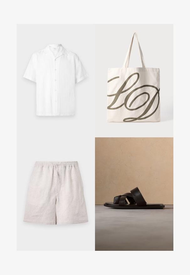 Hvid kortærmet skjorte med knapper og camp-krave, lavet af letvægtsstof, vist mod en ensfarvet baggrund.; Lyst beige linnedshorts med elastisk talje og snøre, knælange, lagt fladt på hvid baggrund.; Sort lædersandal med tre krydsede stropper, flad sål og glat tekstur, hængende over et vævet naturskinds tæppe.; Canvas tote bag i lys creme med et stort mørkeolivengrønt kursiv "LD" design. Har to robuste håndtag til bæring.
