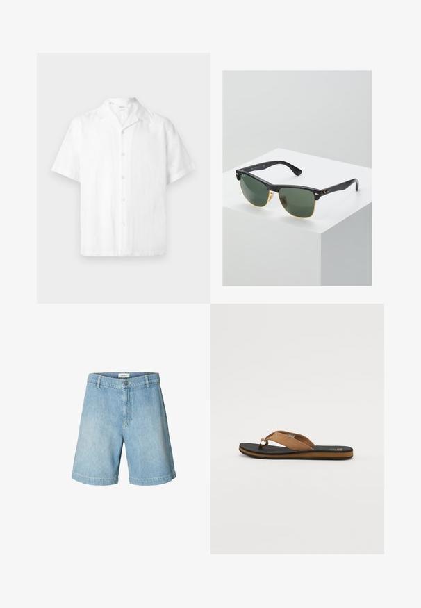 Wit overhemd met korte mouwen en knopen, met een campkraag, gemaakt van lichtgewicht stof, getoond tegen een effen achtergrond.; Lichtblauwe denimshorts met knoop- en ritsluiting, riemlussen en opgerolde zomen, weergegeven tegen een witte achtergrond.; Bruine teenslipper met een gestructureerde zwarte rubberen zool, voorzien van een gladde suède band en een minimalistisch ontwerp. De randkleur contrasteert met de zool.; Ray-Ban zonnebrillen met groene lenzen, zwarte plastic monturen en gouden accenten aan de randen. Vierkante vorm met een matte afwerking.