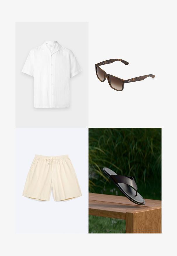 Chemise blanche à manches courtes boutonnée avec col camp, fabriquée en tissu léger, présentée sur un fond uni.; Shorts couleur crème jusqu'aux genoux avec taille élastique et cordon de serrage, dotés de poches latérales, posés à plat sur un fond clair.; Sandale en cuir noir flottant au-dessus d’un banc en bois avec un feuillage vert en arrière-plan flou.; Lunettes de soleil en écaille de tortue avec des verres dégradés bruns, de forme rectangulaire, avec des montures épaisses et un accent de logo en argent sur le côté.