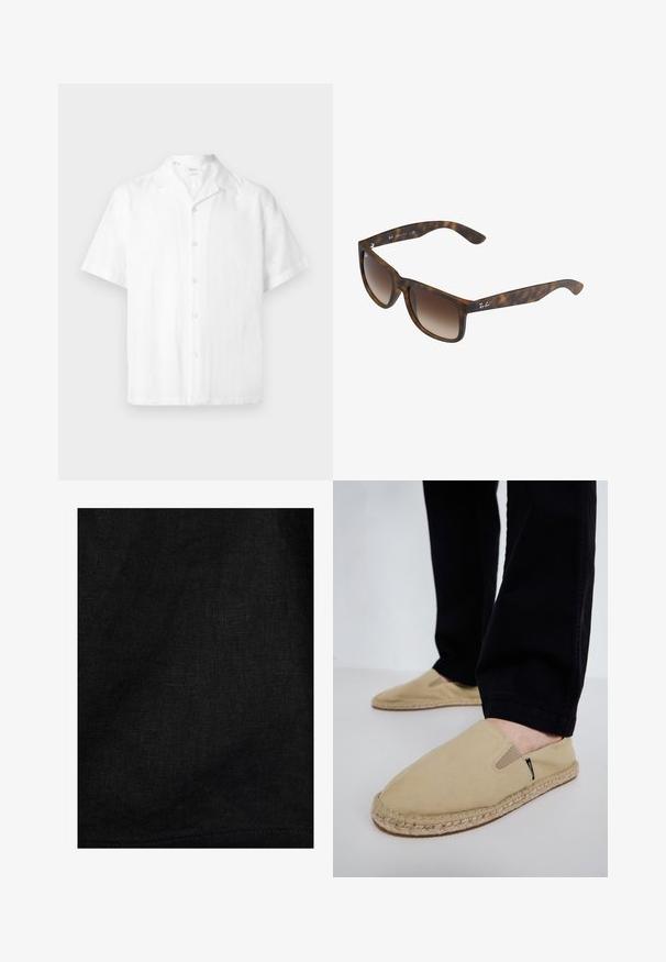 Chemise blanche à manches courtes boutonnée avec col camp, fabriquée en tissu léger, présentée sur un fond uni.; Gros plan de la texture d'un tissu en lin noir montrant de fines fibres tissées et des plis naturels subtils.; Chaussures slip-on en toile beige avec des goring élastiques, semelle en corde de jute et coutures contrastantes. Portées avec un pantalon noir fuselé.; Lunettes de soleil en écaille de tortue avec des verres dégradés bruns, de forme rectangulaire, avec des montures épaisses et un accent de logo en argent sur le côté.