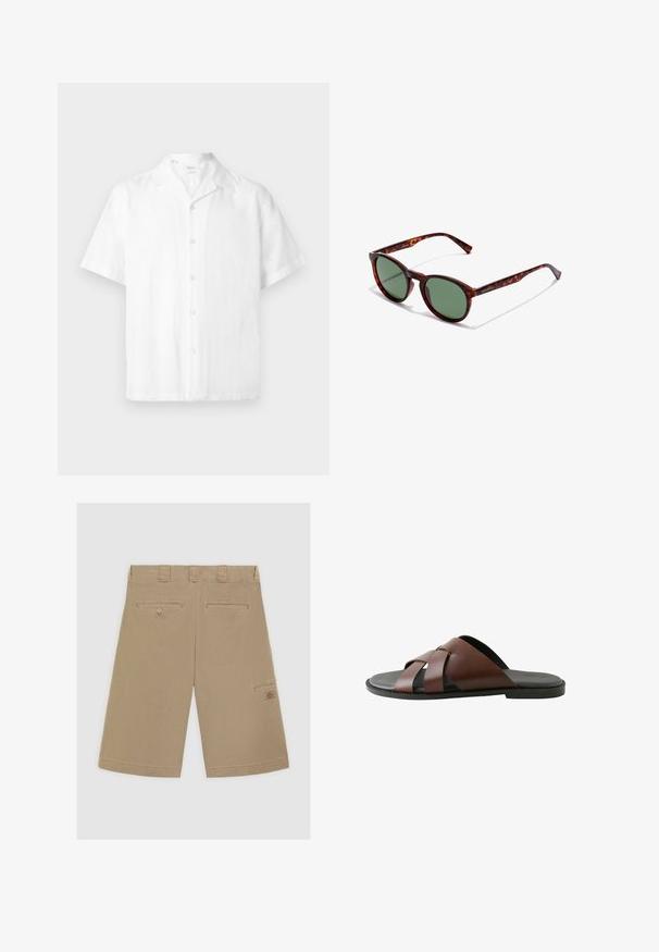 Weißes kurzärmeliges Hemd mit Knopfleiste und Camp-Kragen aus leichtem Stoff, vor einem einfarbigen Hintergrund präsentiert.; Helle braune Shorts mit flachem Bund, zwei Gesäßtaschen und einer Seitentasche. Aus glattem Baumwollstoff gefertigt.; Braune Herren-Pantoletten aus Leder mit gekreuzten Riemen und schwarzer Sohle, seitlich auf weißem Hintergrund dargestellt.; Braune Schildpatt-Sonnenbrille mit runden Rahmen, grünen Gläsern und gemusterten Bügeln. Mit Markenlogo an einem Bügel.