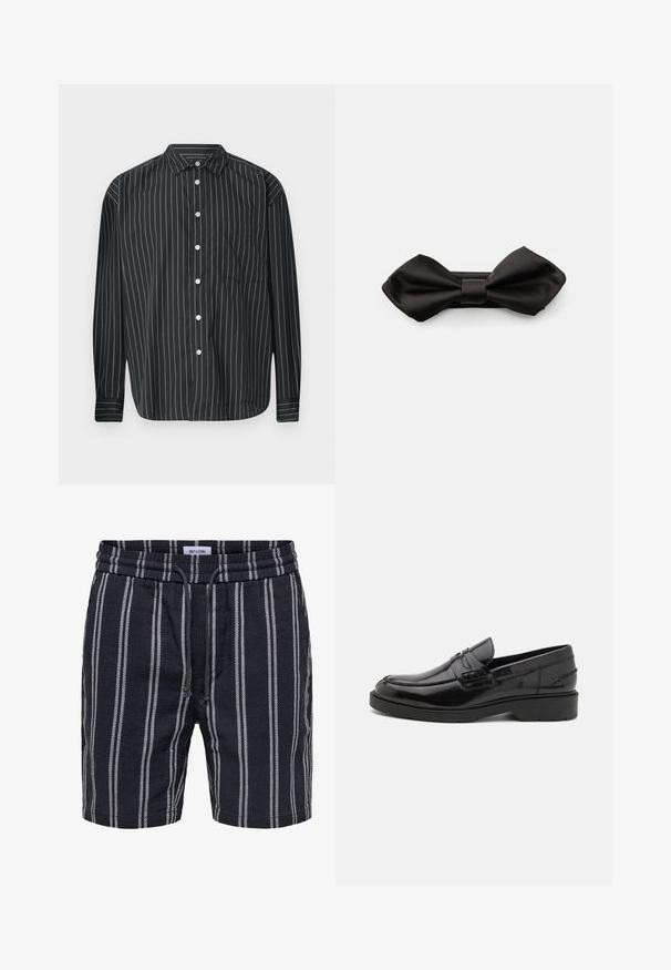 Chemise noire à manches longues avec des rayures verticales blanches fines, une poche poitrine unique, un tissu lisse et un col classique.; Short bleu marine avec des rayures blanches verticales, taille élastique et cordon, fabriqué par Only & Sons.; Mocassins en cuir noir avec une finition lisse, un bout rond, un petit talon et descoutures décoratives à l'avant. Semelle en caoutchouc pour l'adhérence.; Nœud papillon en satin noir avec une texture lisse et un nœud central, présentant de grandes extrémités arrondies qui s'effilent au centre.