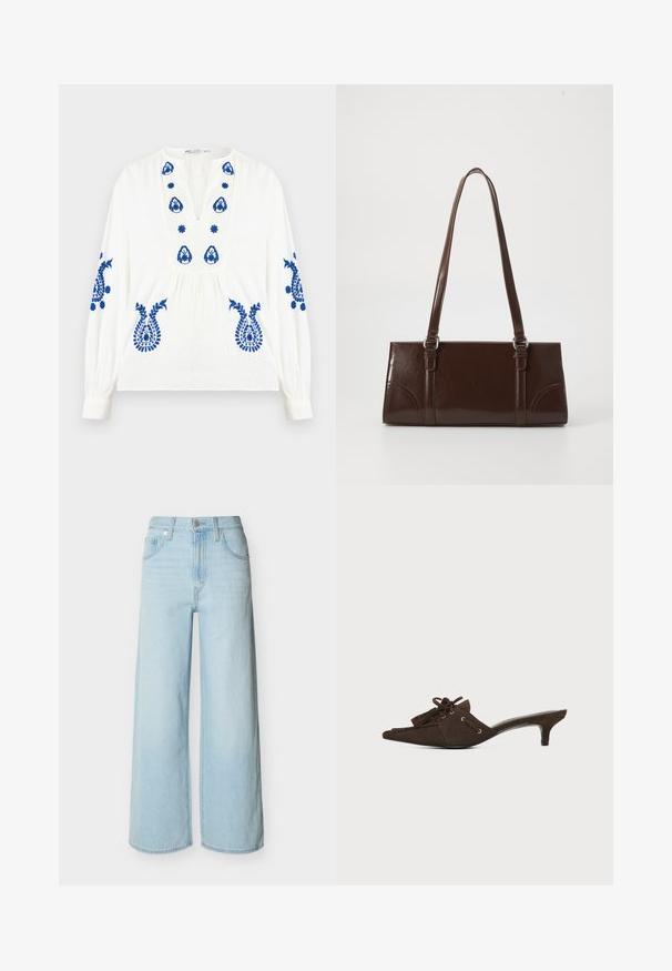 Blouse blanche à manches longues avec broderie florale bleue sur la poitrine, les manches et le bas devant, dotée d'un col en V et d'une taille froncée.; Jean bleu clair à jambes larges avec une fermeture avant à boutons et zip, des passants de ceinture, et un design classique à cinq poches.; Mule en daim marron avec bout pointu, petit talon kitten, lacets noués en nœud et détails à pompons sur fond blanc.; Sac à main en cuir verni marron de forme rectangulaire, avec deux longues poignées et des accents courbés subtils à l'avant.