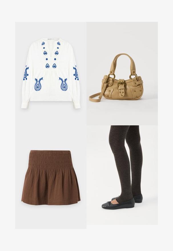 Blouse blanche à manches longues avec broderie florale bleue sur la poitrine, les manches et le bas devant, dotée d'un col en V et d'une taille froncée.; Mini-jupe marron avec ceinture élastique smockée et tissu froncé en dessous, fabriquée en matériau léger texturé.; Jambes portant des leggings côtelés foncés associés à des ballerines noires avec de petits détails en nœud sur fond blanc.; Sac à main en cuir beige avec double poignées, boucle en laiton et détails rivetés, ainsi qu'une bandoulière réglable sur fond blanc.