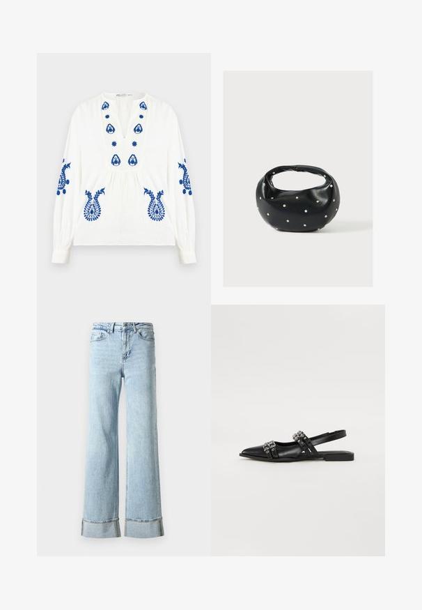 Blusa blanca de manga larga con bordado floral azul en el pecho, las mangas y la parte inferior delantera, con escote en V y cintura fruncida.; Jeans de mezclilla de color azul claro con piernas anchas, dobladillos deshilachados y detalles decorativos de strass en los puños. Diseño estándar de cinco bolsillos.; Even&Odd by Zalando Bailarinas con tira trasera - black; Bolso de mano de cuero negro con forma redondeada, decorado con detalles de tachuelas plateadas y un asa corta. Textura lisa y cierre con cremallera.