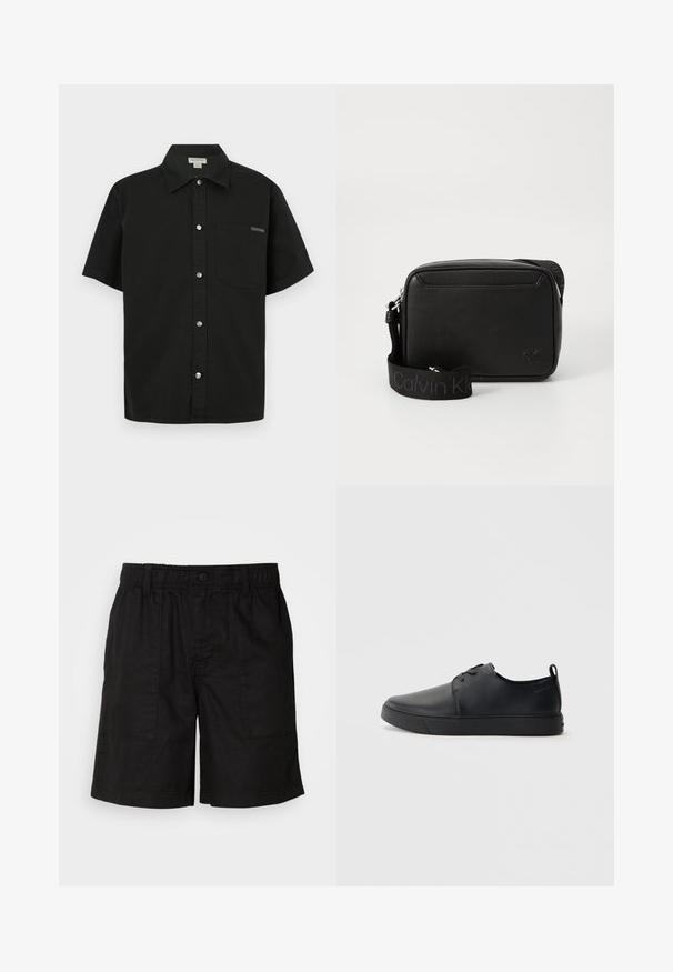 Camisa negra de manga corta hecha de algodón, con cierre de botones en la parte delantera, un bolsillo en el pecho y un pequeño logotipo cerca del bolsillo.; Pantalones cortos negros con una cinturilla elástica y cierre de botón. Cuenta con dos grandes bolsillos laterales de tela texturizada. Diseño casual.; Zapatilla negra de cuero con acabado suave, punta redondeada, costuras a tono, cordones en la parte delantera y suela de goma plana. Asa en el talón.; Bolso bandolera de cuero negro texturizado con una amplia asa de tela de marca Calvin Klein y un pequeño logo cK grabado en la parte frontal.
