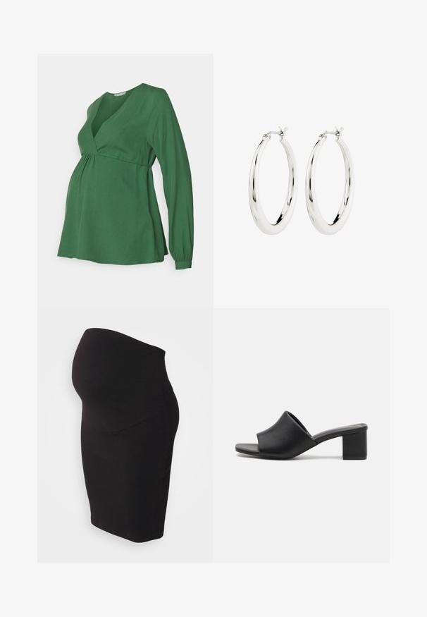 Groene zwangerschaps-top met een V-hals, lange mouwen en een empire taille, gemaakt van zachte stof met een gladde textuur.; Zwarte zwangerschapsrok gemaakt van zachte, rekbare stof. Heeft een hoge tailleband voor comfort en een aangesloten ontwerp dat zich naar het lichaam vormt.; Zwarte leren mules met blokhak en een open teen, voorzien van een gladde afwerking en een licht gebogen bovenkant voor comfort en stijl.; Zilveren oorbellen in de vorm van een gladde, glanzende ring. Circulaire vorm, voorzien van een veilige sluiting. Eenvoudig en elegant ontwerp.