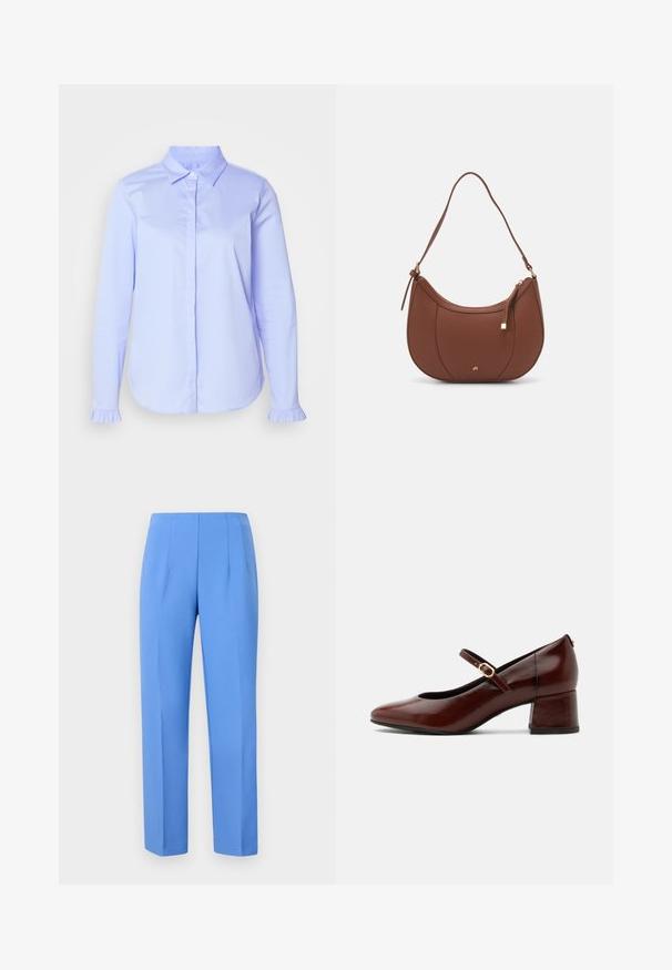 Lichtblauw button-up overhemd van gladde stof, met een klassieke kraag en ruches aan de mouwmanchetten.; Blauwe op maat gemaakte broek van gladde stof met zijplooien, met een rechte snit en een nette tailleband. Geen zichtbare hardware of patronen.; Bruine leren Mary Jane schoen met lage blokhak en gouden gespbandje, zijaanzicht op witte achtergrond.; Bruine faux leren schoudertas met een gebogen vorm, minimale stiksels en een gouden hardware-accent. Voorzien van een bovenste ritsluiting en een verstelbare schouderband.
