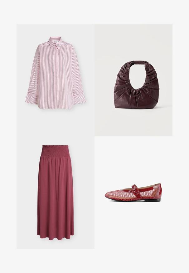 Chemise blanche à manches longues avec boutons, rayures rouges verticales et larges poignets, présentée à plat sur un fond blanc.; Jupe longue de couleur mauve avec une large ceinture élastiquée froncée et un tissu doux et fluide s’étendant jusqu’à l’ourlet.; Ballerines en cuir verni rouge avec une superposition en mesh, détail de boucle circulaire sur la sangle, bout pointu et petit talon noir.; Sac à main en cuir souple bordeaux foncé avec des détails froncés et une poignée arrondie, posé debout sur un fond clair uni.
