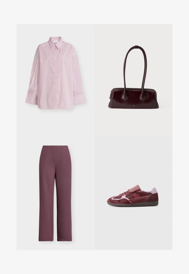 Camisa blanca de manga larga con botones, con rayas rojas verticales y puños anchos, mostrada extendida sobre un fondo blanco.; Pantalones de mujer de talle alto y corte recto en tejido liso de color púrpura apagado, sin bolsillos visibles ni adornos, vista frontal sobre fondo blanco.; Zapatilla de ante roja con una puntera lisa, paneles laterales texturizados, cordones tonales y una correa de Velcro. Presenta una suela de goma negra duradera.; Bolso de mano de cuero marrón oscuro brillante con asas largas y finas y una base rectangular estructurada sobre un fondo claro y liso.