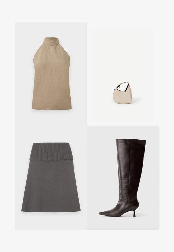 Mouwloze beige top met hoge hals en knoopsluiting aan de achterkant, gemaakt van een lichtgewicht stof.; Donkergrijze rok met een brede, geribbelde elastische tailleband en een lichte A-lijnvorm op een witte achtergrond.; Bruine leren kniehoge laarzen met een puntigere neus en een slanke hak. Glad textuur en een strak ontwerp, met een minimalistische silhoutte.; Beige leren handtas in halvemaanvorm met een enkele schouderband en minimale stiksels, afgebeeld tegen een effen witte achtergrond.