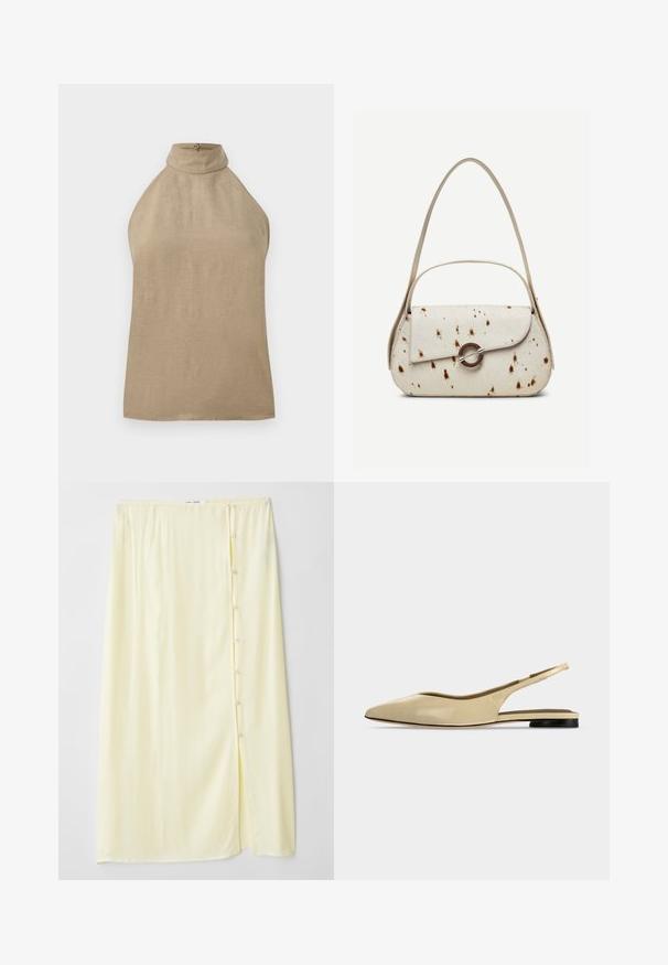 Haut beige sans manches avec col montant et fermeture par boutons au dos, confectionné en tissu léger.; Jupe longue, jaune pâle, en tissu doux avec une fente sur le côté et une fermeture à boutons, présentant une texture lisse et une coupe décontractée.; Chaussure plate beige à bout pointu avec bride arrière, petit talon noir et finition en cuir lisse, vue de côté sur un fond uni.; Sac à main couleur crème avec des taches marron, rabat incurvé avec une fermeture métallique circulaire, doté de deux fines anses, dont une plus longue pour porter à l'épaule.