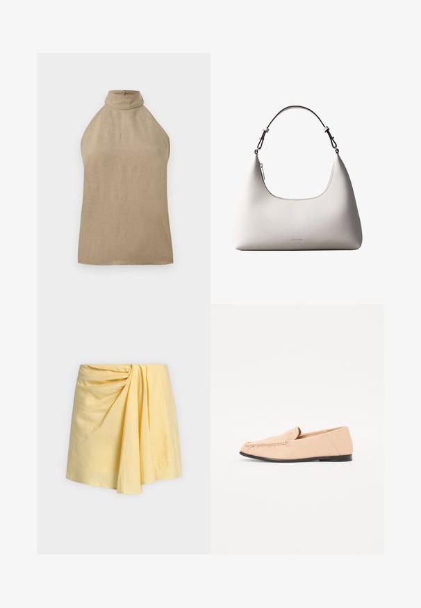 Haut beige sans manches avec col montant et fermeture par boutons au dos, confectionné en tissu léger.; Jupe mini jaune avec un détail froncé créant de doux plis sur le devant, en tissu léger.; Mocassins en cuir beige avec des détails brodés, une semelle noire plate et un bout arrondi. Design minimaliste sans quincaillerie ou accents visibles.; Sac à bandoulière en cuir couleur crème de Calvin Klein avec bord supérieur incurvé, fermeture éclair argentée et sangle ajustable brun foncé.