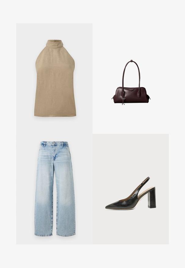 Mouwloze beige top met hoge hals en knoopsluiting aan de achterkant, gemaakt van een lichtgewicht stof.; Lichtblauwe denim wijde jeans met een hoge taille, subtiele slijtage-effecten, rafelige zoom en een klassieke vijf-pocket ontwerp.; Zwarte leren slingback schoen met spits toelopend neusje, hoge blokhak en beige binnenvoering tegen een effen lichte achtergrond.; Donkerbruine leren Calvin Klein handtas met lange dubbele handvatten en een kleine logo-sierhanger die aan één handvat hangt.