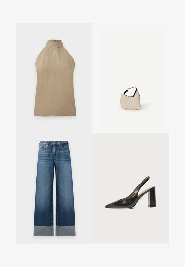Top beige sin mangas con cuello alto y cierre de botón en la parte posterior, hecho de una tela ligera.; Vaqueros de pierna ancha en azul con un degradado de denim oscuro a claro, presentando un dobladillo sin acabar y sutilezas en los detalles de costura. Diseño clásico de cinco bolsillos.; Zapato slingback de piel negra con puntera puntiaguda, tacón alto y ancho, y forro interior beige sobre un fondo claro y liso.; Bolso de cuero beige en forma de media luna con una sola correa para el hombro y costuras mínimas, colocado sobre un fondo blanco liso.