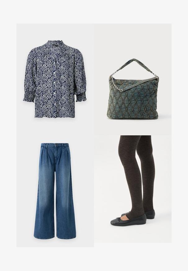 Blusa azul marino abotonada con patrón geométrico floral blanco, mangas tres cuartos, puños fruncidos y cuello alto con volantes.; Pantalones vaqueros de pierna ancha hechos de mezclilla azul media, con plisados en la cintura y un diseño frontal plano. Dobladillo sencillo sin adornos visibles.; Piernas con leggings oscuros acanalados combinados con bailarinas negras que presentan pequeños detalles de lazo sobre un fondo blanco.; Bolso de hombro acolchado de mezclilla en azul oscuro, con asa de cadena y un sutil patrón de diamantes con costuras en contraste.