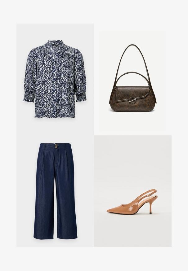 Marineblaue Bluse mit Knopfleiste, weißem floralen geometrischen Muster, dreiviertel Ärmeln, gerafften Bündchen und einem hochgeschlossen Rüschenkragen.; Weite Denim-Hosen in Dunkelblau mit doppeltem Knopfverschluss, ausgestattet mit Falten, einer glatten Textur und einem geraden Saum.; Spitz zulaufender Slingback-Absatz aus einem glatten, glänzenden, tanfarbenen Material. Mit einem geschwungenen Ausschnitt-Design und einem schlanken Stiletto-Absatz. Silberne Schnallendetails.; Dunkelbraune Handtasche aus strukturiertem Leder mit zwei Tragegurten, abgerundeter rechteckiger Form und silbernem, rundem Verschluss auf der vorderen Klappe.