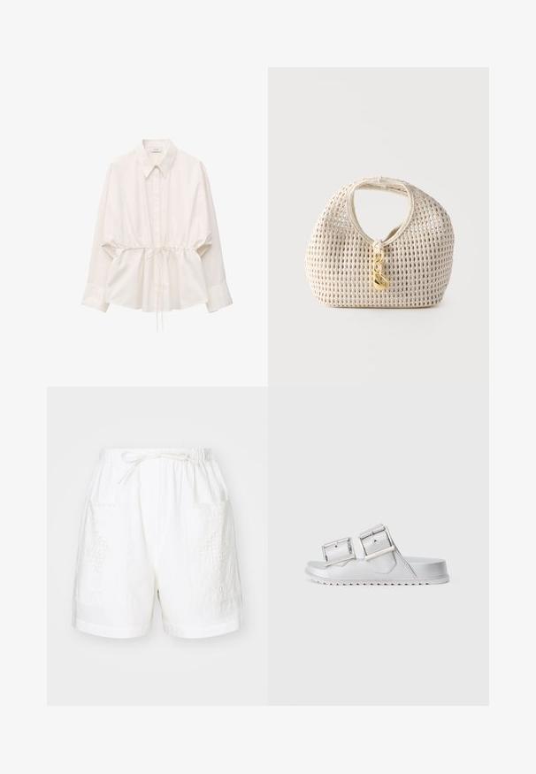 Camisa blanca de manga larga con botones, cuello puntiagudo y cintura ajustable con cordón, corte holgado y puños anchos.; Pantalones cortos de algodón blancos con una cintura elástica, cordón de ajuste y dos bolsillos delanteros que presentan intrincados diseños bordados.; Sandalias plateadas con dos correas anchas ajustables, material texturizado y una suela plana con un patrón en zigzag en la parte inferior.; Bolso tejido de color crema con forma redondeada, asa corta y cierre decorativo dorado colgando en el centro delantero.