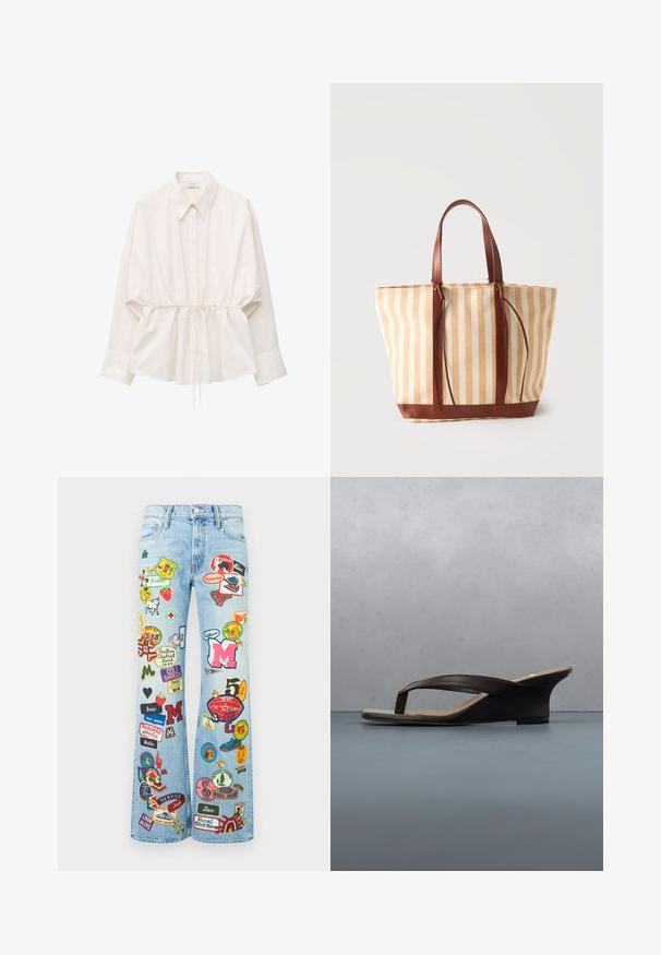 Camisa blanca de manga larga con botones, cuello puntiagudo y cintura ajustable con cordón, corte holgado y puños anchos.; Jeans de denim azul claro con piernas anchas, decorados con coloridos parches bordados que presentan letras, animales y varios símbolos.; Sandalia negra de cuña con tiras tipo sandalia colocada sobre una tabla de madera y suelo de piedra al aire libre cerca de plantas verdes y una pared de concreto.; Bolsa tote con rayas verticales beige y blancas, con asas y ribete de cuero marrón, sobre un fondo liso y claro.