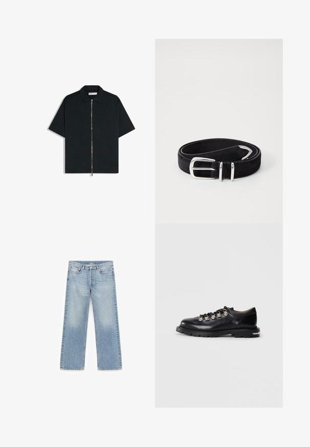 Sort kortærmet skjorte med krave og hel længde sølv lynlås foran, vist fladt på hvid baggrund.; Lyseblå straight-leg jeans med en falmet vask, fem-lomme design, metal hardware og lynlåslukning. Glat denimtekstur.; Sorte læder lavskårne sko med tyk sål, metaløjer, dekorative sølv charms på snørebåndene, og tekstureret mønster på sålen.; Sort suede bælte med en glat overflade, der har en blank sølvspænde og metalpigge. Bæltet er fladt og har flere huller i forskellige størrelser til justering.