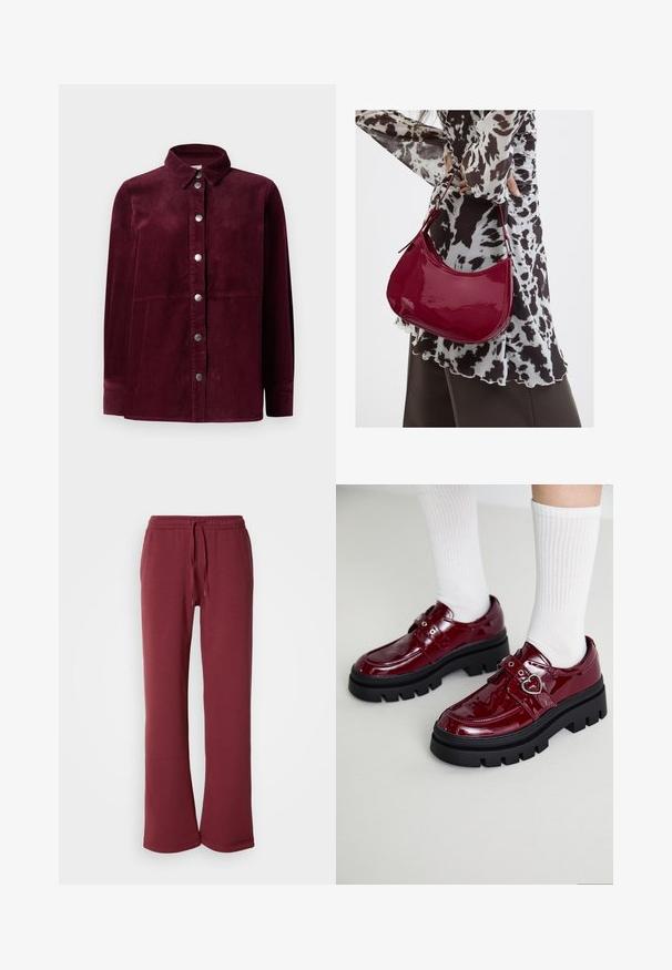 Bordeaux kordfløjelsskjorte med lange ærmer, knaplukning foran, spidse krave og sølvfarvede knapper. Tekstureret lodret ribbing.; Bordeauxrøde sweatpants lavet af blødt stof med elastisk talje og snor. Har brede ben og en glat tekstur hele vejen igennem.; Bordeaux patent læder sko med en kraftig sort sål, dobbelt rem med hjerte detalje og ribbede hvide sokker. Retro design med tykkere greb.; Kvinde iført en sort- og hvidmønstret bluse, der holder en blank rød skuldertaske mod en ensfarvet baggrund.