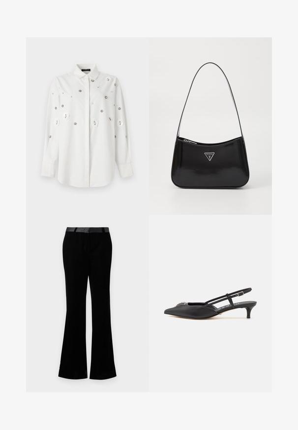 Camisa blanca de manga larga con cuello, con apliques florales y lentejuelas decorativas. Tejido suave con un corte entallado.; Pantalones acampanados negros de tela suave. Presentan una cinturilla plana con un acabado brillante. Diseño ajustado con dos bolsillos frontales.; Zapatos slingback negros con punta afilada, hechos de material suave, con un pequeño tacón y un acento decorativo plateado en el empeine.; Bolso de hombro de charol negro con forma curva, que presenta un logotipo triangular plateado y un cierre de cremallera. Textura suave y correa delgada.