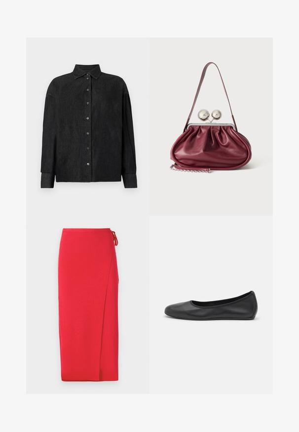CLOSED CAPE SHIRT - Skjortebluser - mid grey; Rød ribbet strikket midi-nederdel med en sidelufte, der har en bånddetalje i taljen. Glat tekstur med en tætsiddende silhuet.; Sort læderballetsko med rund tå, glat tekstur, minimal syning og et fleksibelt såldesign.; Lille bordeaux læderhåndtaske med rynkede detaljer, en tynd rem og en sølvspænde med to store runde knopper.