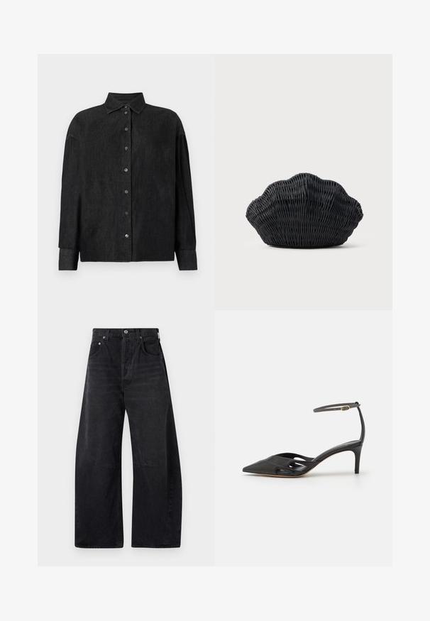 CLOSED CAPE SHIRT - Skjortebluser - mid grey; Citizens of Humanity HORSESHOE - Jeans Relaxed Fit - black; Sort læder højhælet sko med spids tå, åbne sider og en tynd ankelrem med en lille guld detalje.; Sort flet håndtaske formet som en muslingeskal med en buet top og flettet tekstur på en ensfarvet baggrund.