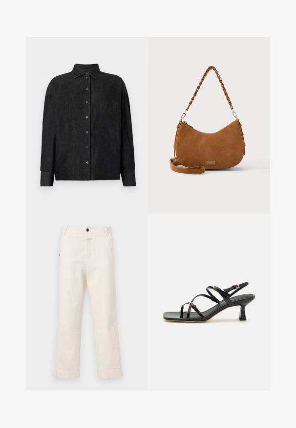 CLOSED CAPE SHIRT - Blúzka so zapínaním na gombíky - mid grey; Béžové bavlnené nohavice so strihom rovného nohavice, s predným zapínaním na gombík a vreckom s obláčikovým gombíkom ako akcentom.; Čierne lakované sandále na podpätku s hranatou špičkou a nízkym blokovým podpätkom. Obsahujú kovanie v zlatej farbe a nastaviteľné remienky na členkoch.; Hnedá semišová kabelka cez rameno s pletenou rukoväťou, ďalším popruhom a malou obdĺžnikovou kovovou logovou tabuľkou vpredu.