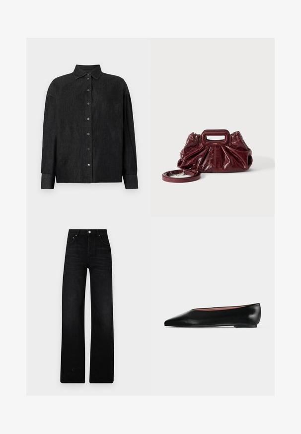CLOSED CAPE SHIRT - Skjortebluse - mid grey; Sorte vidjeans laget av denim. Har høy midje, to frontlommer og metallknapplukking. Teksturert finish med minimal falming.; Svart skinn damesko med spiss tupp og lav hæl, vist fra siden på ensfarget lys grå bakgrunn.; Liten mørkerød skinnhåndveske med rynket tekstur, rektangulært håndtak med utskjæring for hånden og avtagbar skulderrem på hvit bakgrunn.