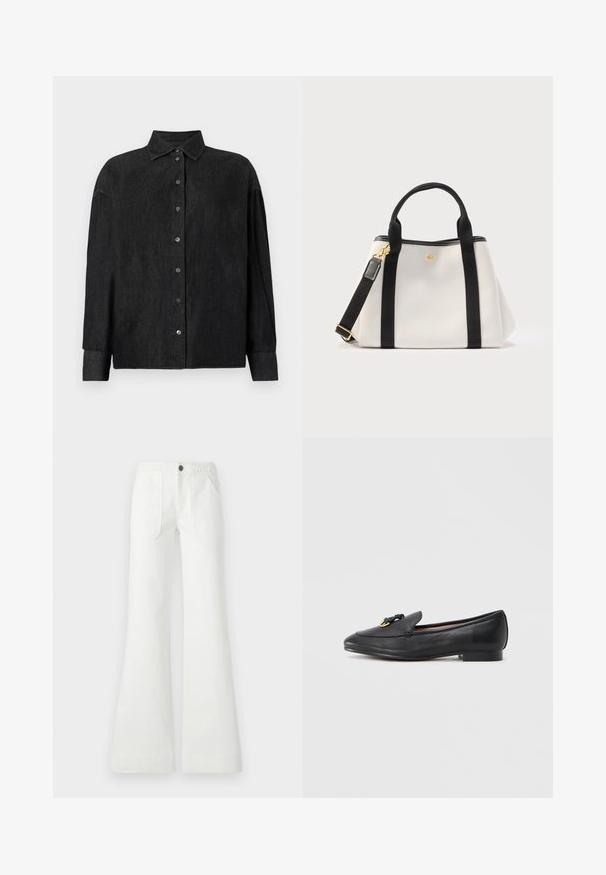 CLOSED CAPE SHIRT - Skjortebluser - mid grey; Hvide flagrende bukser lavet af vævet stof, med en flettet talje, to forlommer og en glat overflade. Lukkes med en sort knap.; Sort læderloafer med rundet tå, dekorativ knude og gulddetalje på overdelen samt lav, firkantet hæl. Glat tekstur.; Hvid håndtaske med sorte håndtag og aftagelig skulderrem, guldfarvet hardware og lille rund logo i midten foran.