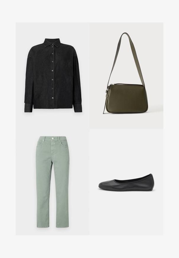 CLOSED CAPE SHIRT - Hemdbluse - mid grey; Helle grüne Baumwollhose mit geradem Bein, ausgestattet mit Fronttaschen, einem Knopfverschluss und dezenten Steppnähten.; Schwarze Leder-Ballettschuhe mit abgerundeter Spitze, glatter Textur, minimalen Nähdetails und einem flexiblen Sohlen-Design.; Olivgrüne Leder-Schultertasche mit Reißverschluss und verstellbarem Riemen vor einem schlichten hellen Hintergrund.