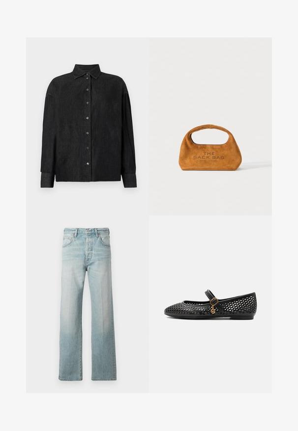 CLOSED CAPE SHIRT - Nööpidega pluus - mid grey; Heledad denim teksad, otse jalgadega kujundusega, kõrge vöökoht, eesmine taskud ja pleekinud tekstuur. Lõpetatud peene tikandiga vöökohaga.; Mustad lame Mary Jane jalanõud perforatsioonimustriga, reguleeritava rihmaga, millel on väike kuldne pandlaga kinnitus ning rihmast ripub kuldne ripats.; Pruun suede käekott, millel on integreeritud käepide ja mille esipinnal on trükitud "THE SACK BAG MARC JACOBS", väljas valgel taustal.
