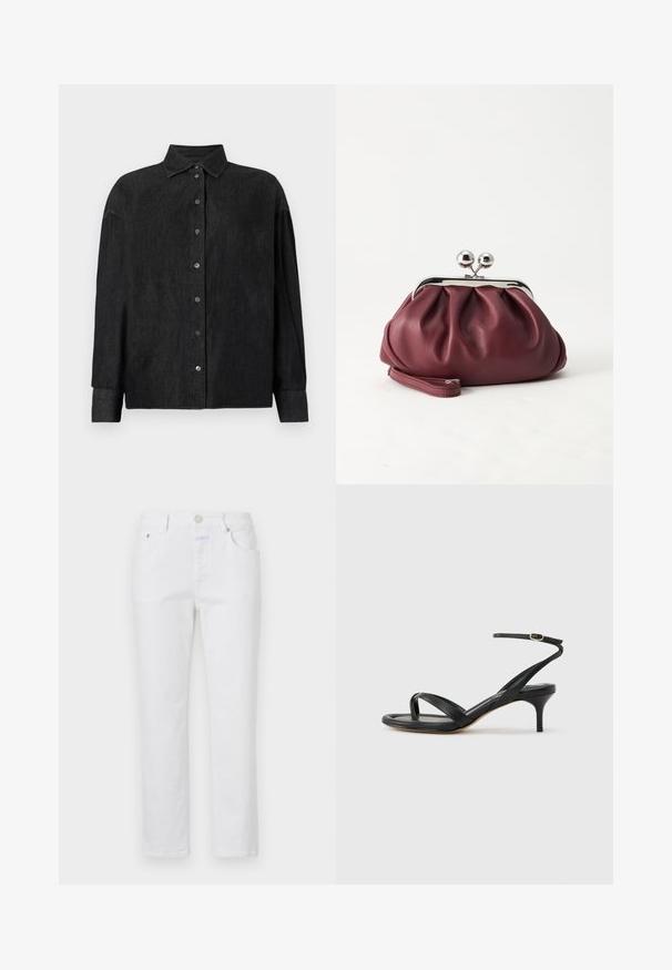 CLOSED CAPE SHIRT - Overhemdblouse - mid grey; Witte denim jeans met een recht model, vijf zakken en een metalen knoopsluiting. Kenmerkt een subtiele textuur en lichte stiksels.; Zwarte leren dames sandaal met dunne bandjes, een teengreep, een enkelgesp en een stilettohak van gemiddelde hoogte op een neutrale achtergrond.; Kleine bordeauxrode leren clutch-portemonnee met zilverkleurige metalen sluiting en polsbandje op een witte achtergrond.