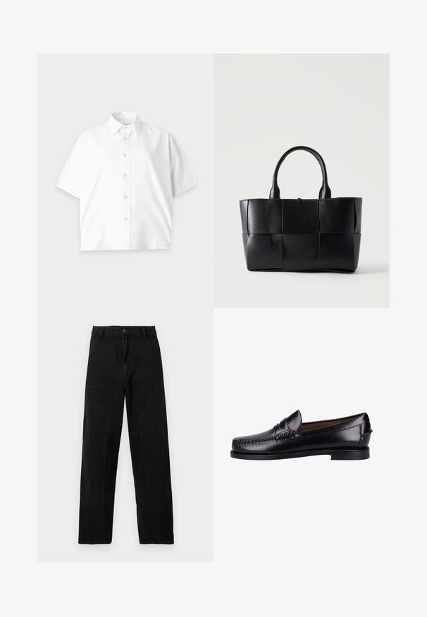 Camisa blanca de manga corta con botones y cuello, diseño sencillo y logo sutil en el pecho, mostrada sobre un fondo claro.; Pantalones negros de corte recto con bolsillos parche frontales, trabillas para cinturón y cierre de botón sobre un fondo claro liso.; Mocasines de cuero negro con un acabado suave, puntera redondeada, costura decorativa y un tacón bajo. El diseño es minimalista sin herrajes visibles.; Bolso tote de cuero negro con paneles grandes cuadrados tejidos y dos asas redondeadas sobre un fondo liso y claro.