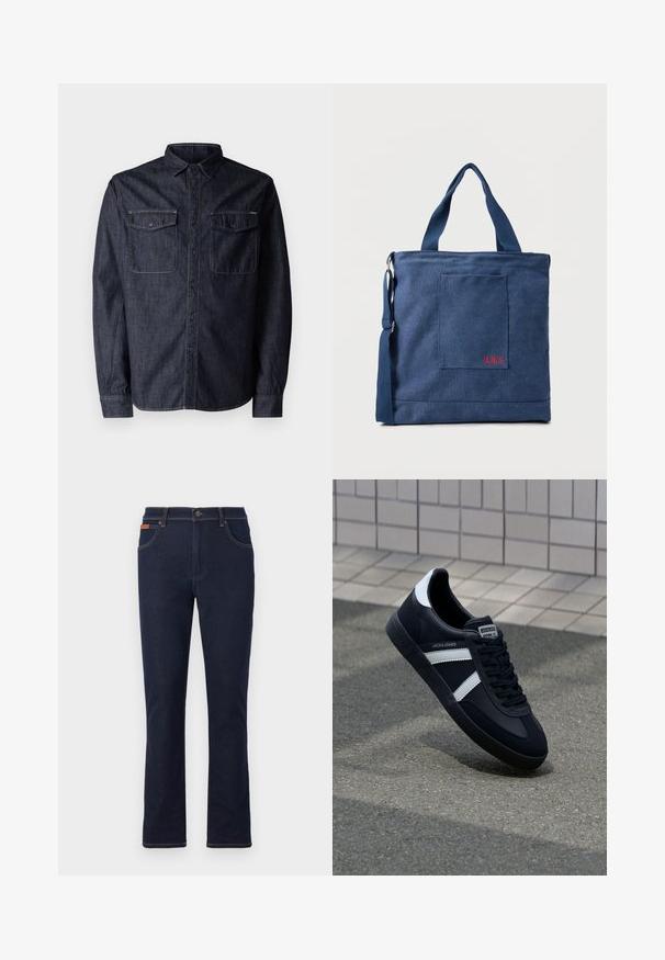 Replay Hemd - dark blue; Dunkelblaue Jeans mit geradem Bein, vorderem Knopf und Reißverschluss, Taschen vorne und hinten sowie braunen Nähten.; Schwarze Leder-Sneaker mit weißen Streifen, strukturiertem Gummisohle und Schnürung. Verfügt über ein Markenetikett auf der Zunge.; Blauer Canvas-Einkaufstasche mit Vordertasche und roter "O.N.S" Stickerei, ausgestattet mit zwei Griffen und einem verstellbaren Schulterriemen.