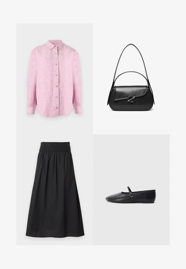 Chemise rose en lin avec fermeture à boutons sur le devant, col et manches longues avec un ourlet arrondi. Le tissu présente une texture légèrement froissée.; Jupe maxi noire en tissu léger, dotée d'une large ceinture élastique et d'une texture froncée, avec un ourlet lisse.; Ballerines noires en cuir avec un bout pointu, une semelle plate et une petite sangle avec un détail de boucle en argent.; Sac à bandoulière en cuir noir avec un rabat incurvé fermé par un fermoir métallique rond et une sangle fine et ajustable.