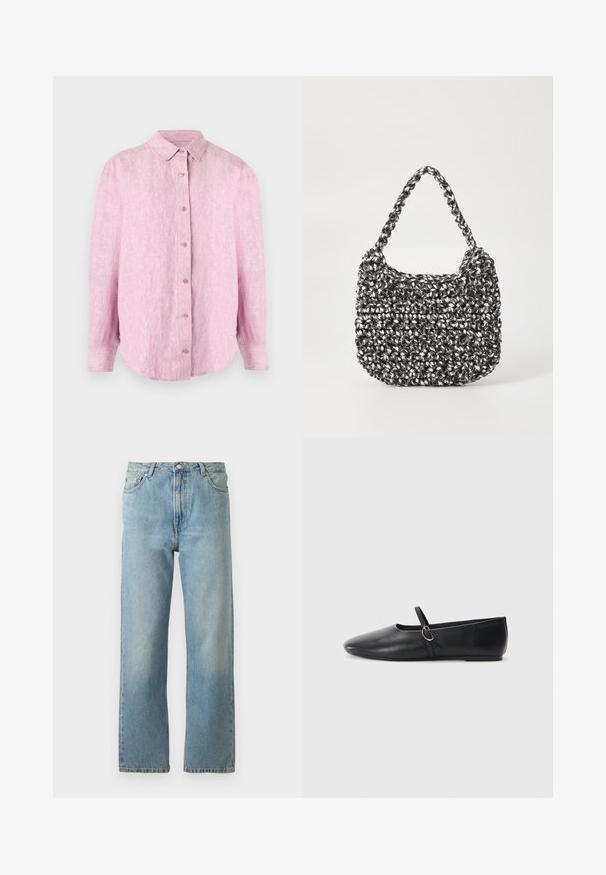 Rosa Leinenhemd mit durchgehender Knopfleiste, Kragen und langen Ärmeln mit abgerundetem Saum. Der Stoff hat eine strukturierte, leicht zerknitterte Optik.; Hellblaue Denim-Jeans mit geradem Bein, ausgestattet mit einem Fünf-Taschen-Stil und einem Knopfverschluss am Bund.; Schwarze Leder-Ballettschuhe mit spitzem Schuhzeug, flacher Sohle und einem kleinen Riemen mit silberner Schnalle.; Gewebte Handtasche in Schwarz und Weiß mit runder Form, strukturiertem Oberflächenfinish und geflochtener Grifffläche. Geeignet für den lässigen Gebrauch.