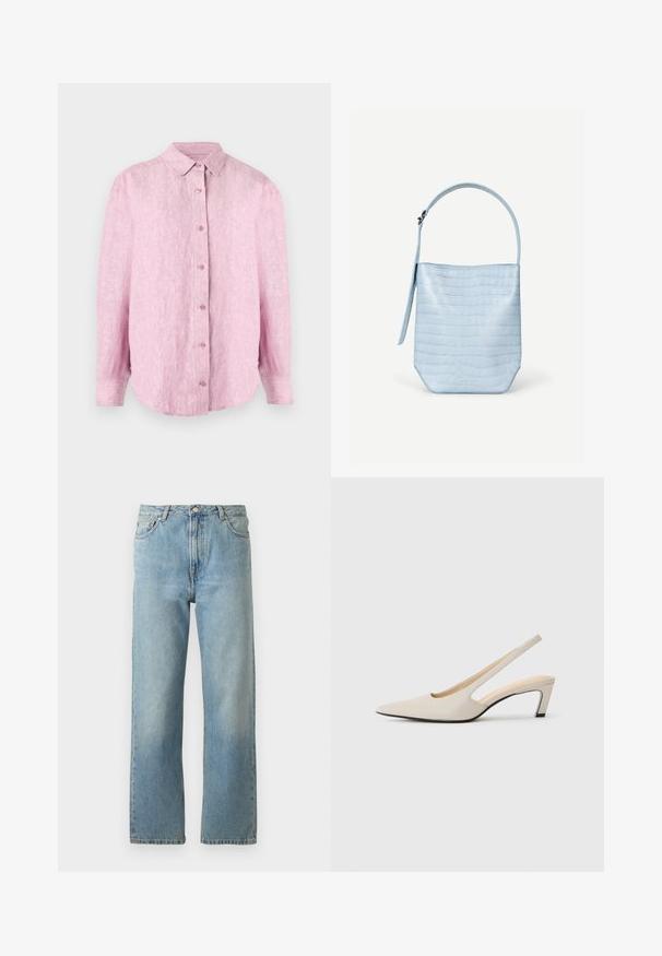 Rosa Leinenhemd mit durchgehender Knopfleiste, Kragen und langen Ärmeln mit abgerundetem Saum. Der Stoff hat eine strukturierte, leicht zerknitterte Optik.; Hellblaue Denim-Jeans mit geradem Bein, ausgestattet mit einem Fünf-Taschen-Stil und einem Knopfverschluss am Bund.; Beige Slingback-Pumps mit spitzer Kappe, offenen Seiten und kleinem Blockabsatz. Glatte Lederstruktur und minimalistisches Design.; Hellblaue Handtasche mit Krokodilstruktur, rechteckiger Form, einem einzelnen oberen Griff und einem seitlich hängenden Riemen vor einem schlichten weißen Hintergrund.