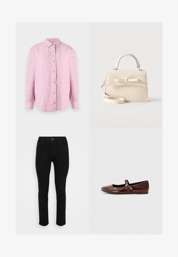 Lyserød linnedskjorte med knappelukning foran, krave og lange ærmer med rundet kant. Stoffet har en tekstureret, let krøllet overflade.; Sorte denimjeans med slim fit, fem-lomme design, frontknaplukning og let stræk for komfort. Flad, glat tekstur med minimal dekoration.; Brun patentlæder balletflade med firkantet tå og strop med en lille guldbuckle. Glat tekstur, lav hæl og minimalistisk design.; Lille beige håndtaske med top-håndtag, aftagelig rem, forreste klap og dekorativ vandret sløjfe på en ensfarvet baggrund.