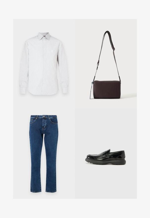 Chemise blanche à manches longues avec fines rayures grises verticales, fermeture à boutons, col pointu et logo brodé sur la poitrine.; Jean en denim bleu foncé avec une coupe droite, cinq poches et un bouton métallique à la taille. Texture lisse avec une décoloration minimale.; Mocassin en cuir noir avec une finition brillante, bout arrondi, détails de couture subtils et semelle en caoutchouc épaisse pour la durabilité.; Sac bandoulière en cuir marron foncé texturé avec une sangle réglable et un petit accent décoratif bleu sur le côté.