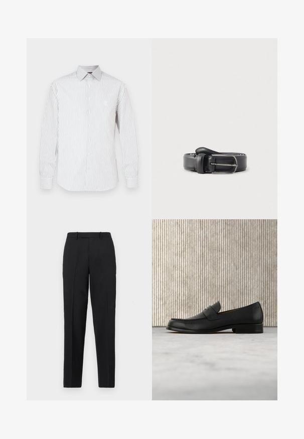 Chemise blanche à manches longues avec fines rayures grises verticales, fermeture à boutons, col pointu et logo brodé sur la poitrine.; Theory STRAIGHT - Pantalon classique - deep black; Mocassin en cuir noir flottant au-dessus d'un tapis beige avec une table ronde brune brillante en arrière-plan.; Ceinture en cuir noir à texture lisse, avec une boucle et un passant en métal argenté, conçue dans une forme classique et étroite.