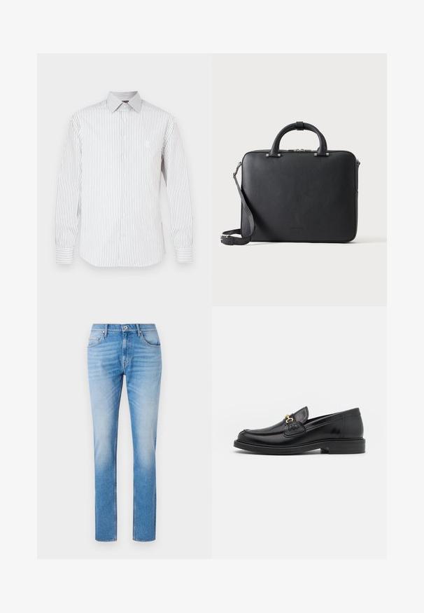 Hvid langærmet skjorte med tynde, lodrette grå striber, knaplukning foran, spids krave og broderet logo på brystet.; Lyseblå denimjeans med lige snit, der har et klassisk fem-lomme design, kontraststikning og en let falmeffekt.; Sorte læder loafers med en rund tå, der har guld hardware accent og syningsdetaljer, placeret på en lav, tekstureret gummisål.; Sort tekstureret lædermappe med dobbelte håndtag, aftagelig skulderrem og top lynlåslukning på en ensartet lys baggrund.