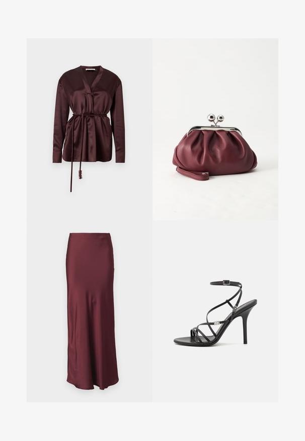 Bordeauxrode satijnen wikkelblouse met lange mouwen, diepe V-hals en verstelbare strikriem in de taille, met een gladde, glanzende textuur.; Bordeaux satijnen maxirok met een aansluitende taille en een uitlopende zoom, voorzien van een gladde textuur en zonder zichtbare patronen of versieringen.; Zwarte hoge hakken sandaal met dunne banden, een enkelgesp, een gladleren oppervlak en een slanke stilettohak.; Kleine bordeauxrode leren clutch-portemonnee met zilverkleurige metalen sluiting en polsbandje op een witte achtergrond.