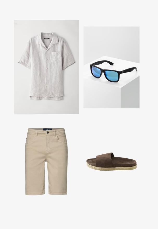 Hemd aus leichtem grauem Leinen mit kurzen Ärmeln, spitzem Kragen, Fronttasche und vier Knöpfen in der Mitte. Glatte Textur, lockere Passform.; Beige Denim-Shorts mit geradem Schnitt, fünf Taschen, einem Knopfverschluss und genähten Details. Glatte Textur und knielanges Design.; Braune Wildleder-Slide-Sandale mit einem breiten Riemen, gepolstertem Fußbett und beigem geflochtenem Zierstreifen am Sohlenrand.; Schwarze rechteckige Sonnenbrille mit blauen verspiegelt Gläsern. Hat eine matte Oberfläche und das Ray-Ban-Logo an den Bügeln.